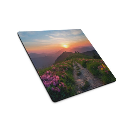 Vibrant sunset over mountain trails with pink purple wildflowers on large gaming mouse pad
