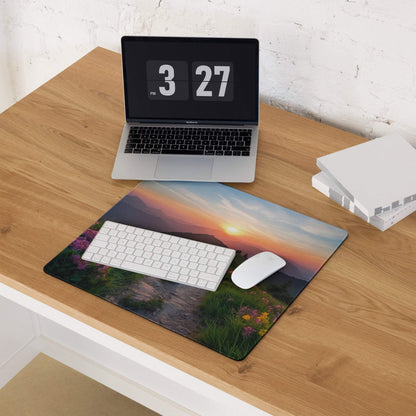 Vibrant sunset over mountains and wildflowers on large premium gaming mouse pad