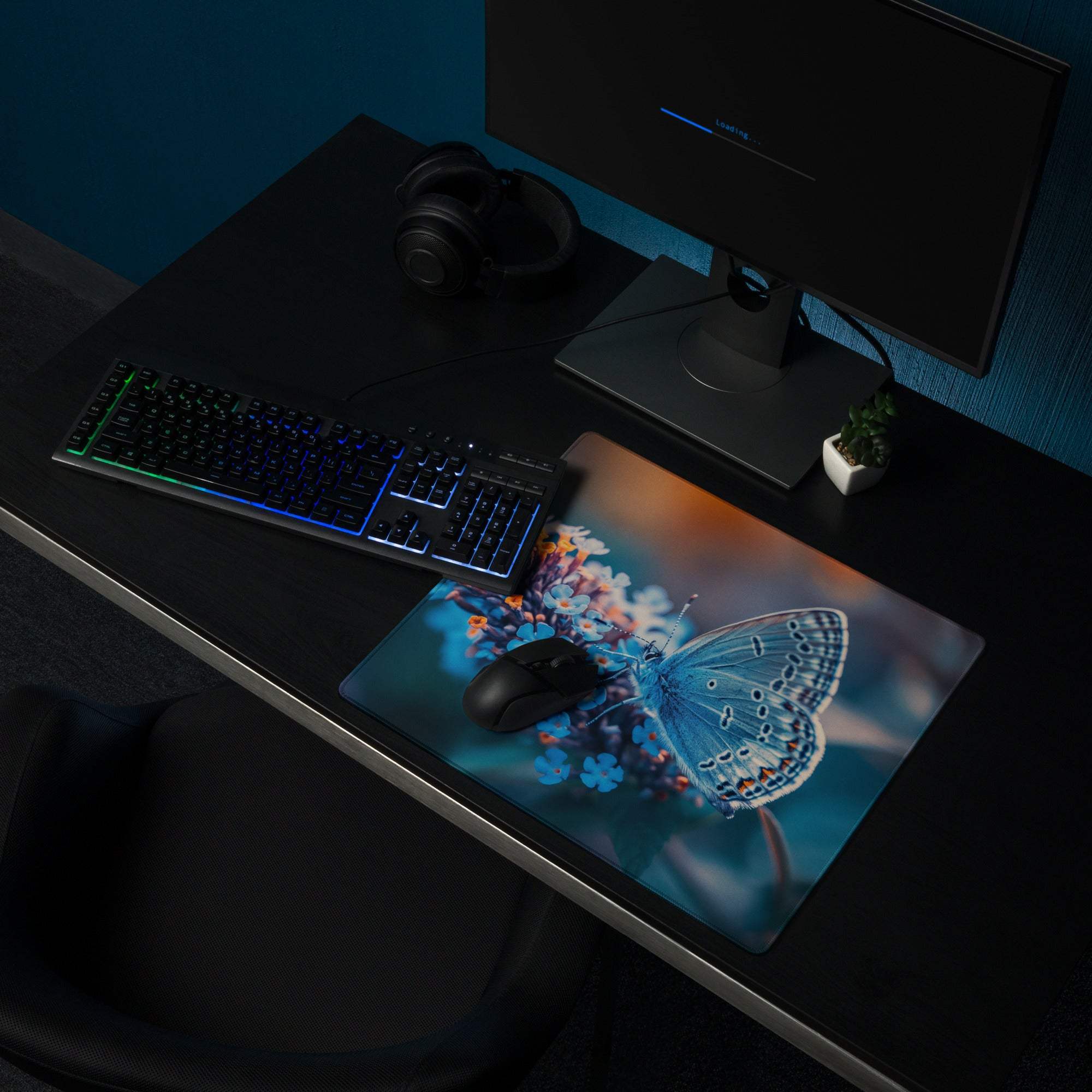 Nature inspired blue butterfly on calm blue flowers gaming mouse pad