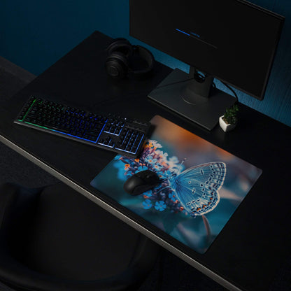 Nature inspired blue butterfly on calm blue flowers gaming mouse pad