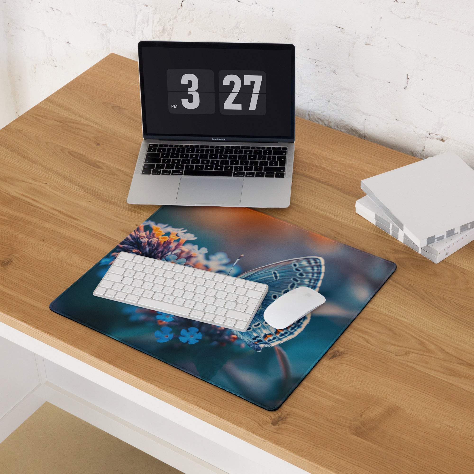 Nature-inspired blue butterfly on flowers gaming mouse pad, non-slip base