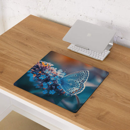 Blue butterfly on vibrant blue orange flowers gaming mousepad