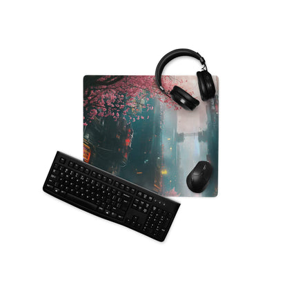 Cyberpunk cityscape oversized neon pink cherry blossom gaming mouse pad with headphones
