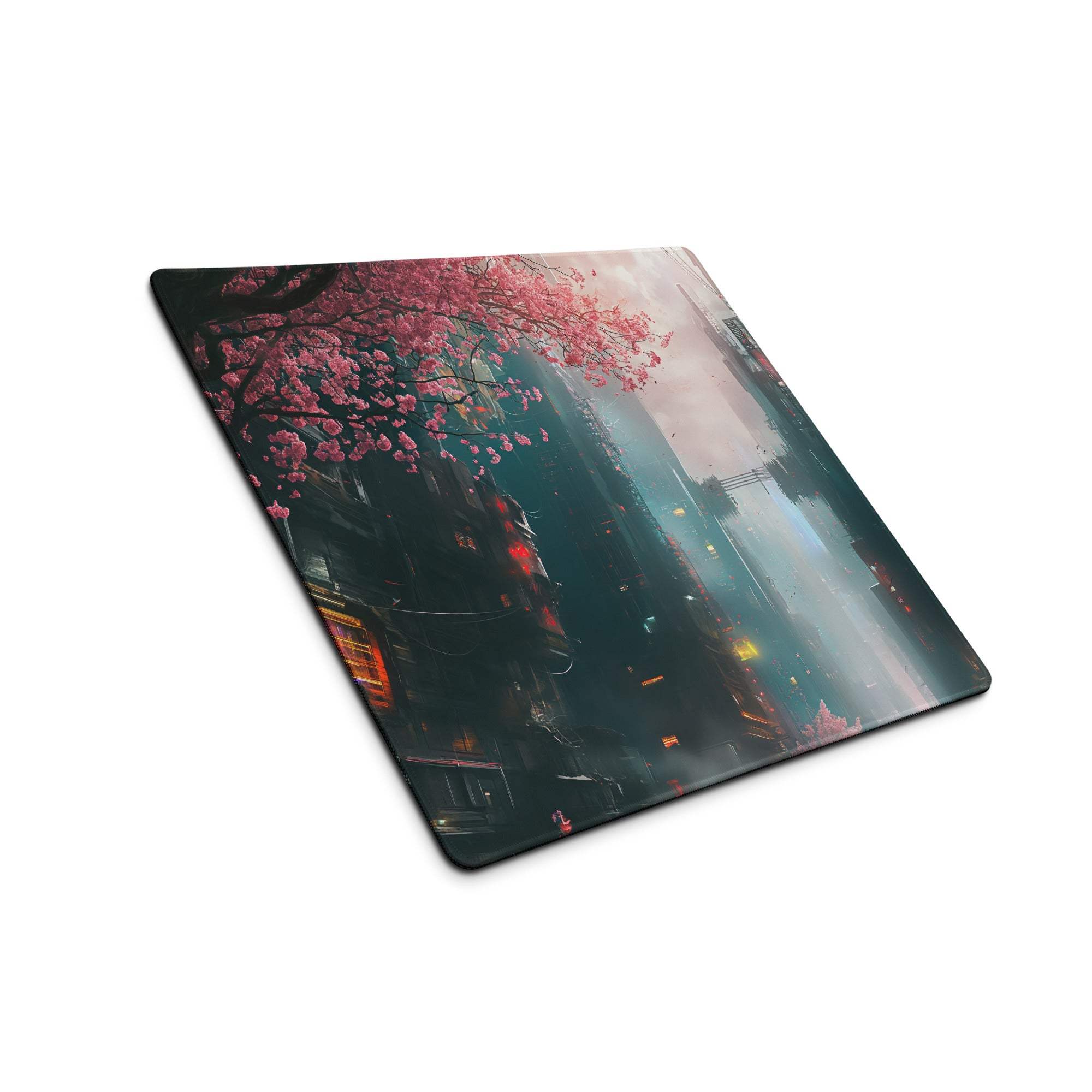 Cyberpunk Cityscape Oversized Neon Pink Cherry Blossom Gaming Mouse Pad