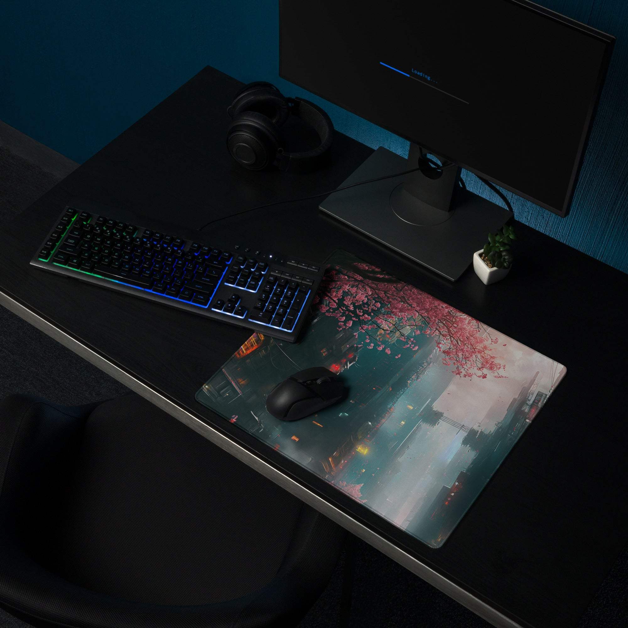 Cyberpunk cityscape oversized neon pink cherry blossom gaming mouse pad