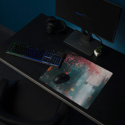 Cyberpunk cityscape oversized neon pink cherry blossom gaming mouse pad