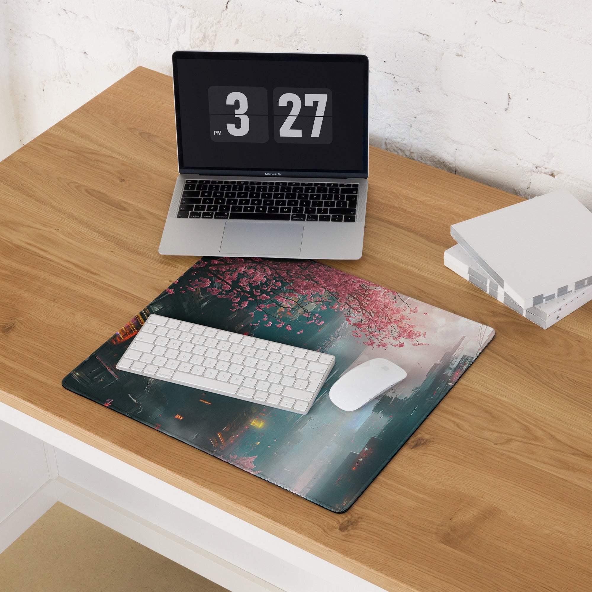 Cyberpunk oversized neon pink cherry blossom gaming mouse pad with misty cityscape