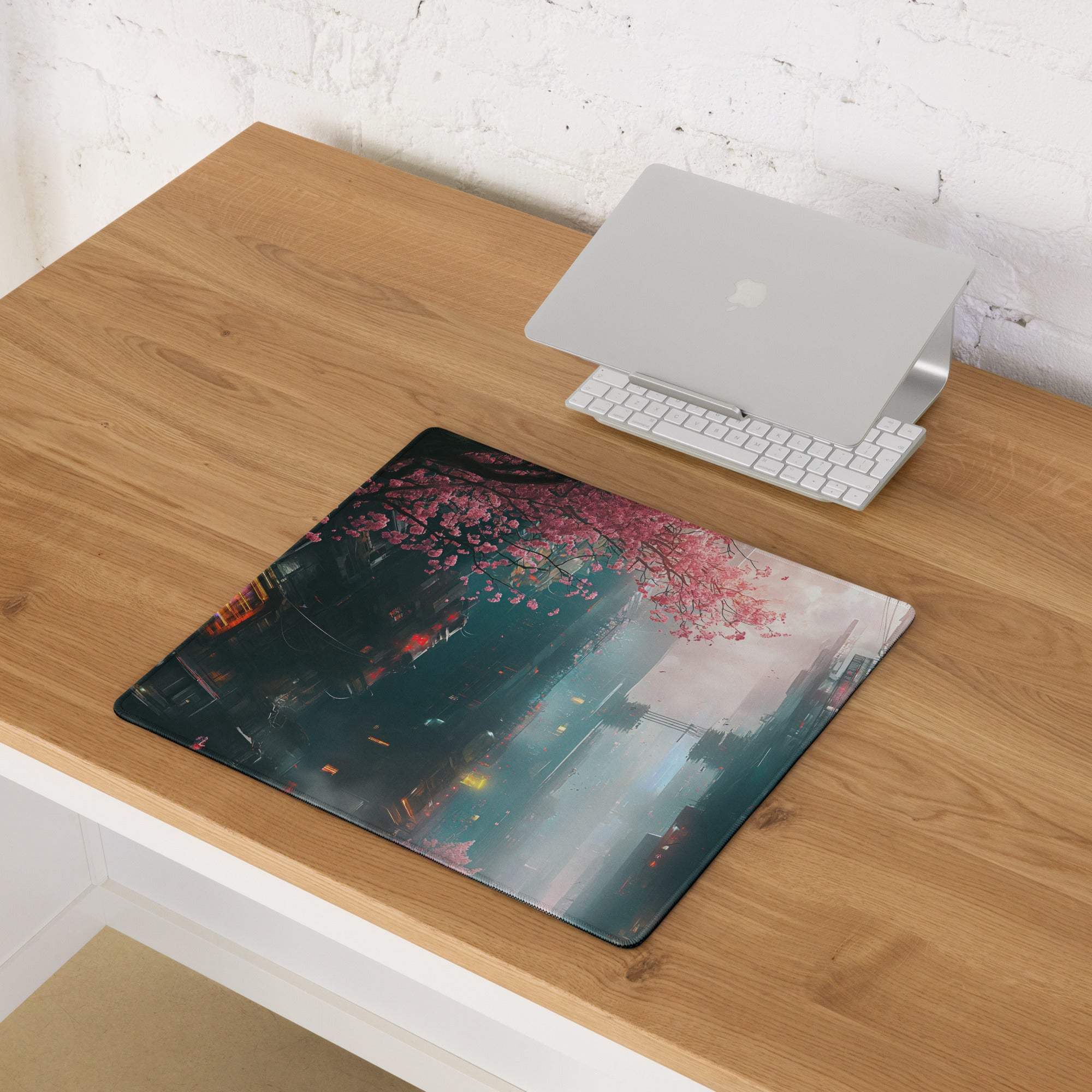 Cyberpunk oversized gaming mouse pad with neon pink cherry blossoms