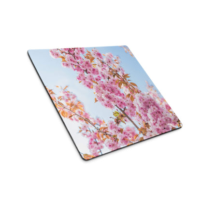 Square pink cherry blossom gaming mousepad with matte finish and stitched edges