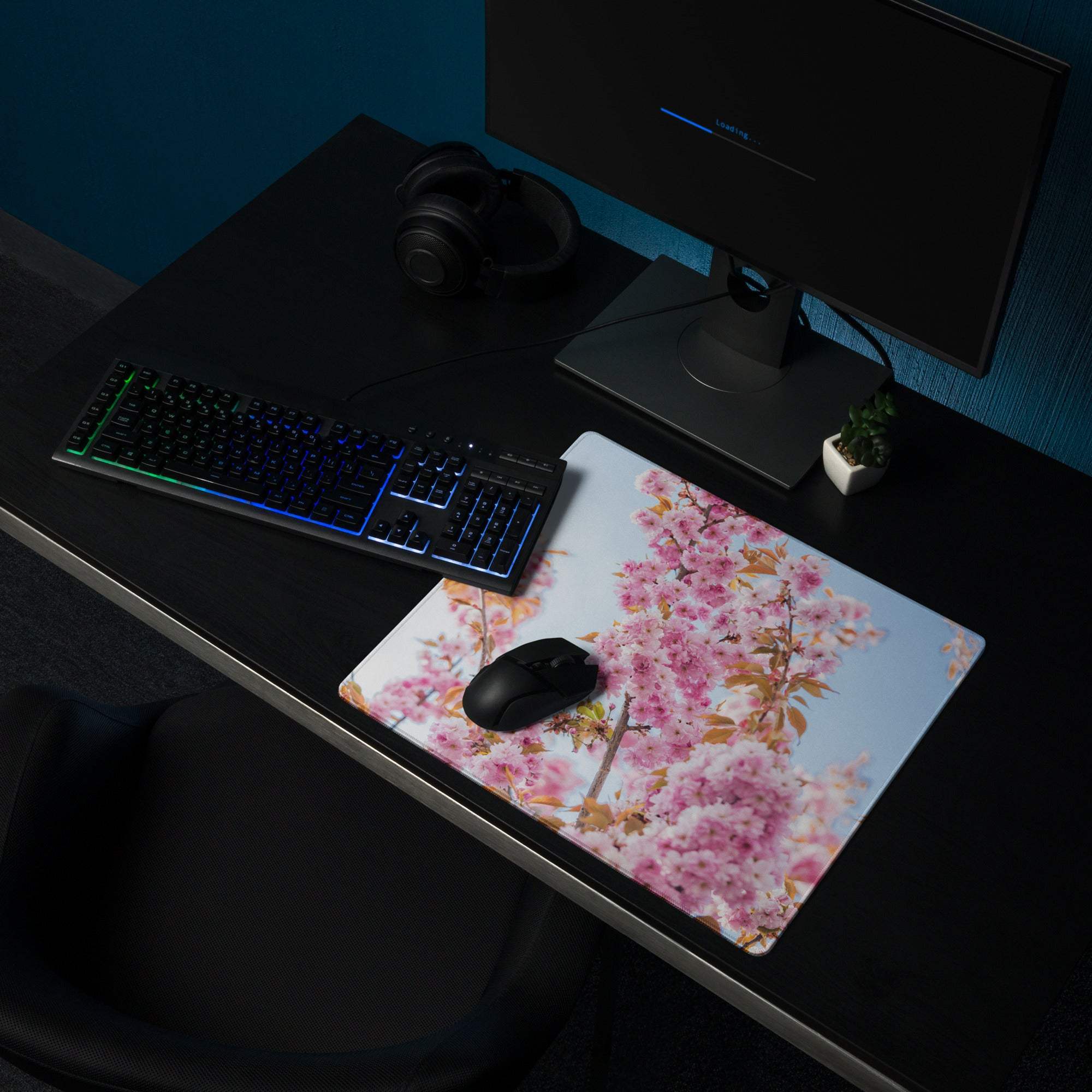 Floral pink blossom extra large gaming mouse pad with mouse on top