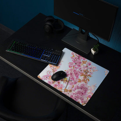 Floral pink blossom extra large gaming mouse pad with mouse on top