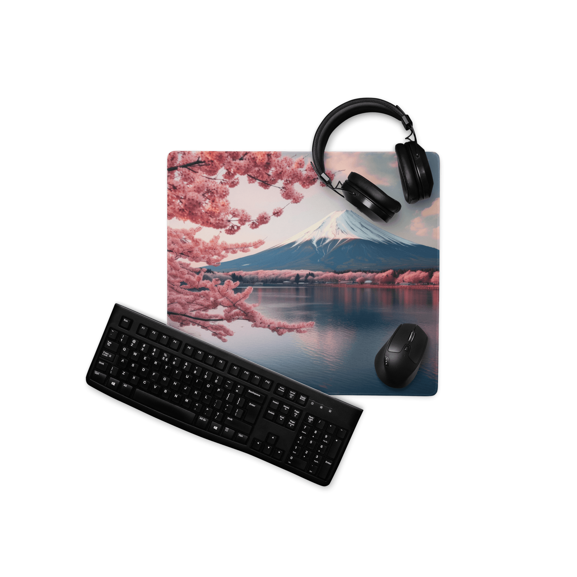 Stylish pink cherry blossom Mount Fuji gaming mouse pad with headphones