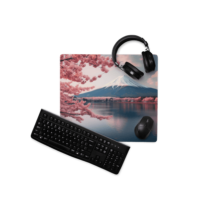 Stylish pink cherry blossom Mount Fuji gaming mouse pad with headphones