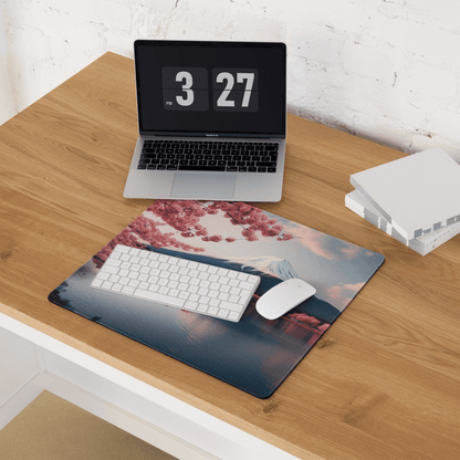 Stylish pink cherry blossom mountain gaming mouse pad, large non-slip stitched design