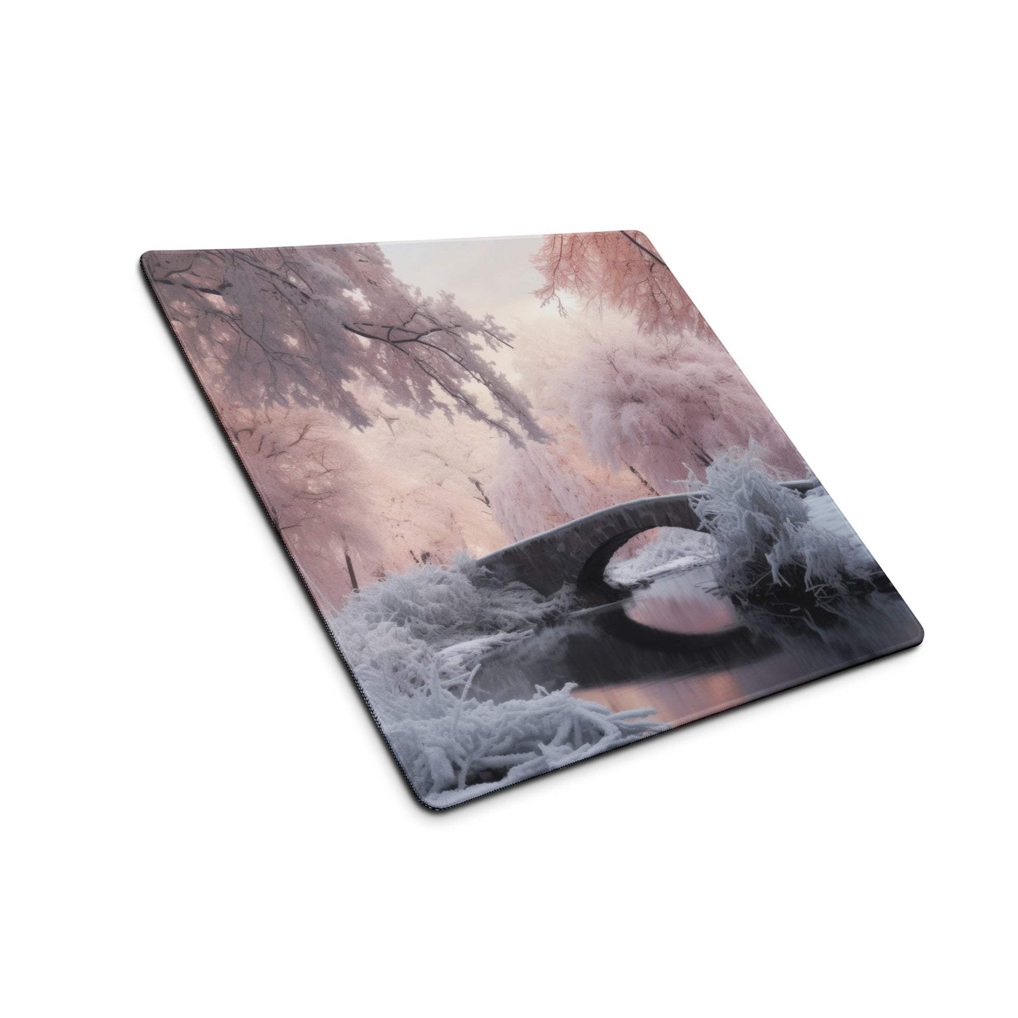 Dreamy Winter Pink frost-covered bridge gaming mouse pad