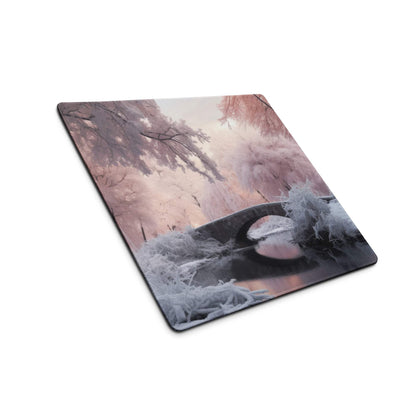 Dreamy Winter Pink frost-covered bridge gaming mouse pad