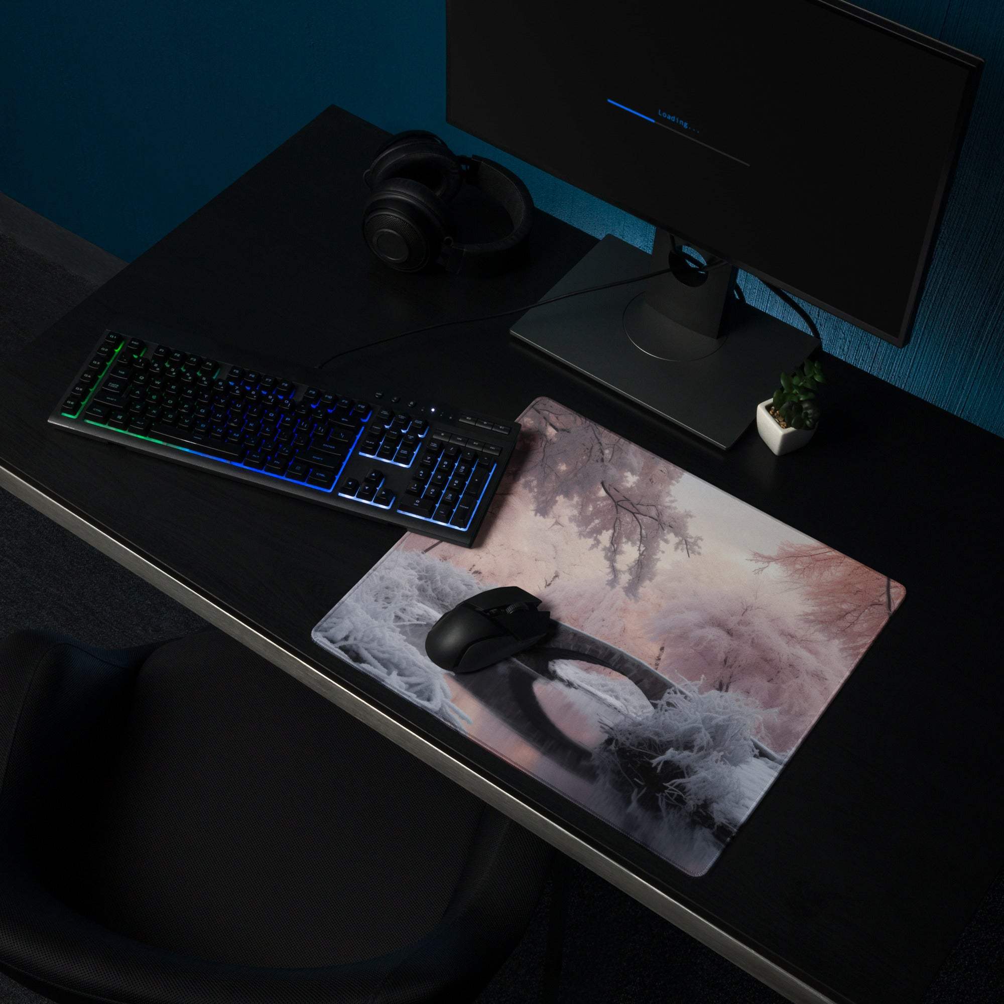 Dreamy Winter Pink Landscape gaming mouse pad with frost branches and bridge