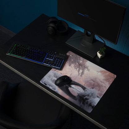 Dreamy Winter Pink Landscape gaming mouse pad with frost branches and bridge