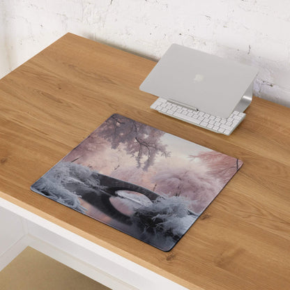 Dreamy winter pink landscape gaming mouse pad with frost trees, large non-slip