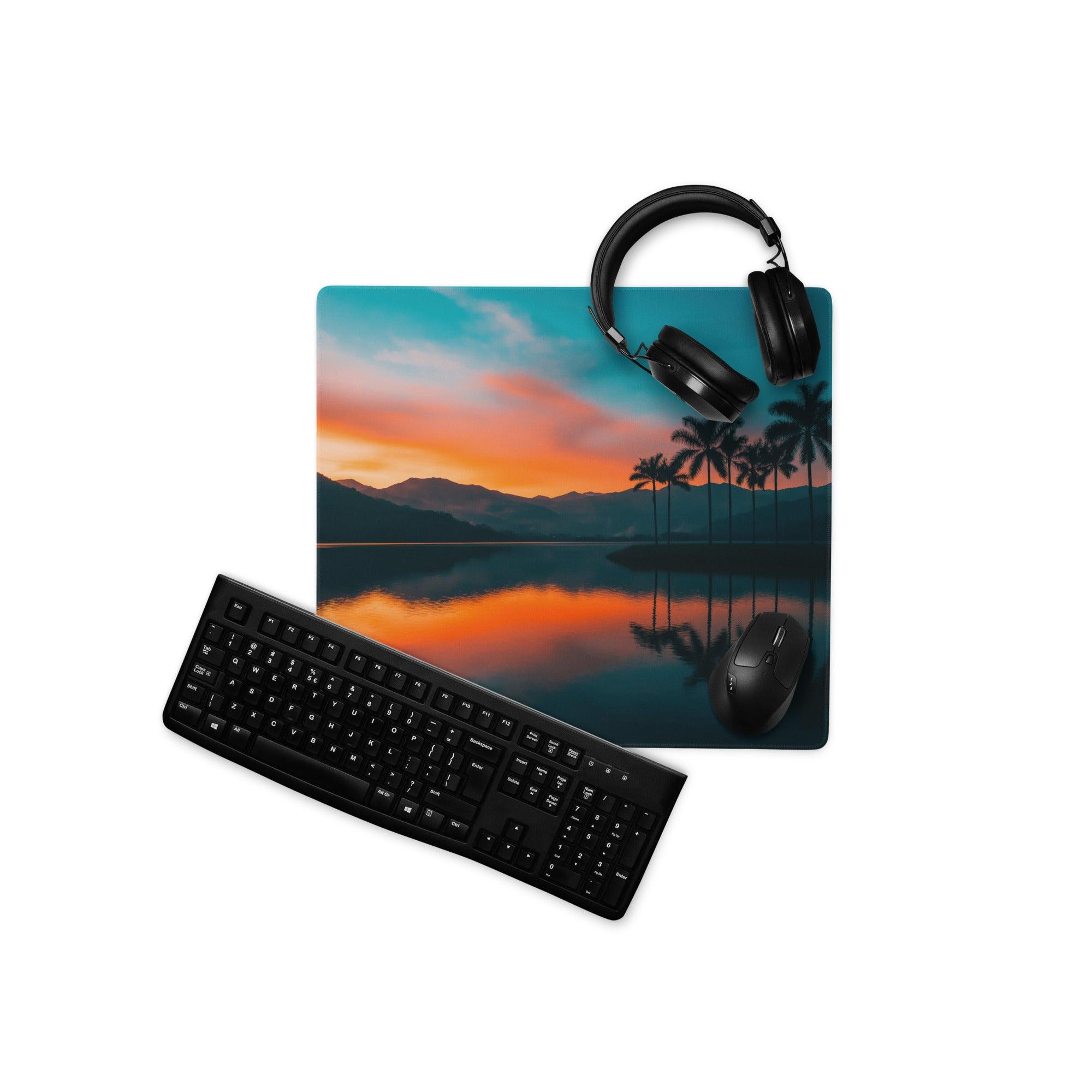 Serene Sunset Palm Trees large gaming mouse pad with headphones