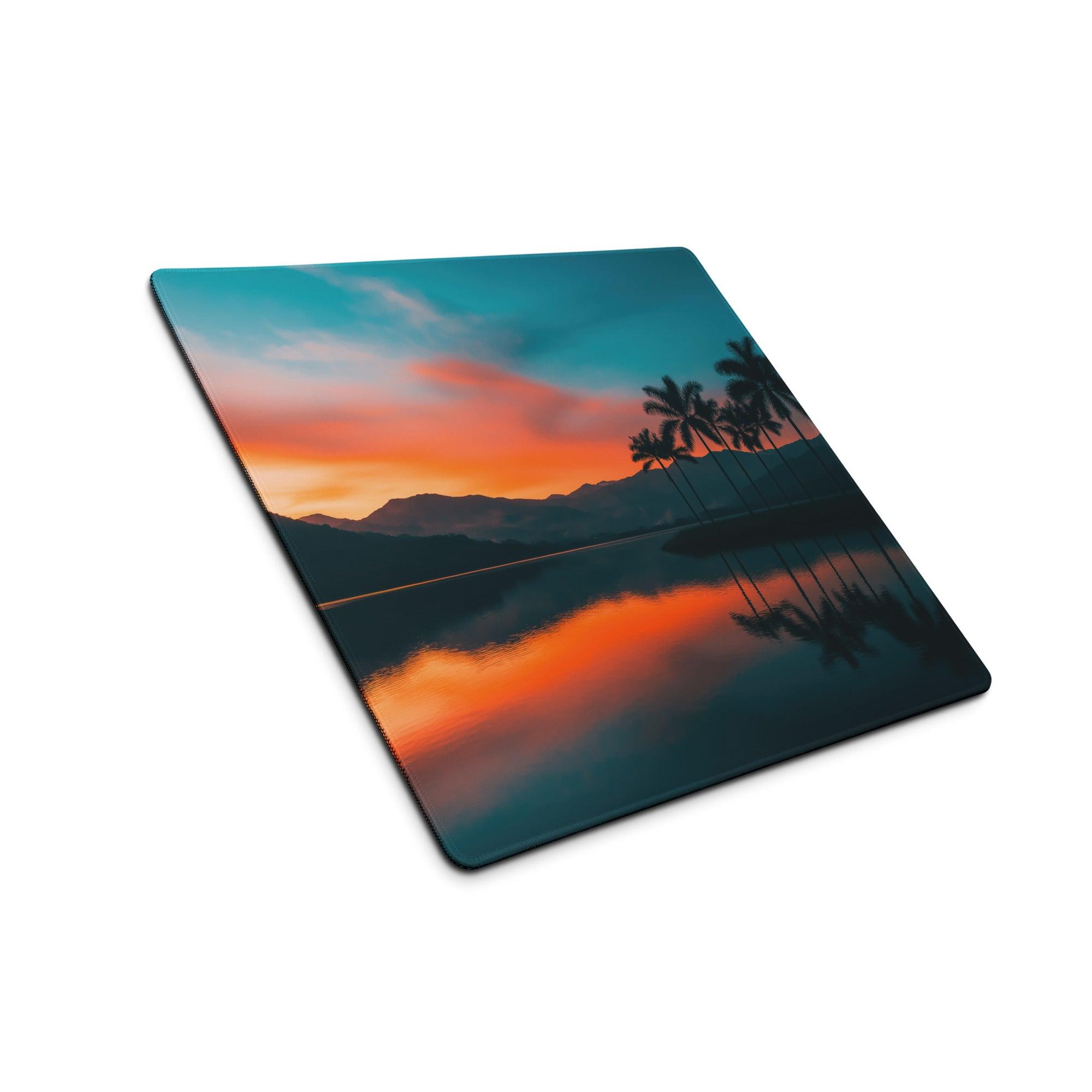 Serene Sunset Palm Trees large gaming mouse pad with orange teal sunset, palms, mountains