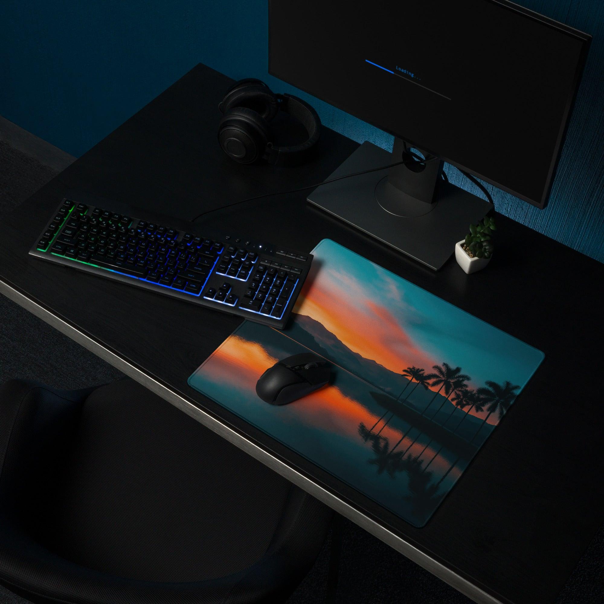 Serene Sunset Palm Trees large gaming mouse pad with orange teal sunset and silhouetted palms