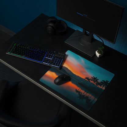 Serene Sunset Palm Trees large gaming mouse pad with orange teal sunset and silhouetted palms