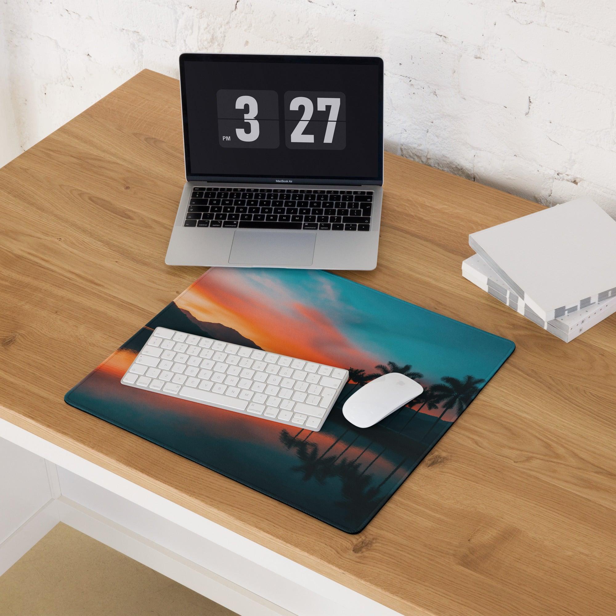 Serene Sunset Palm Trees large gaming mouse pad with orange teal sunset and silhouetted palms
