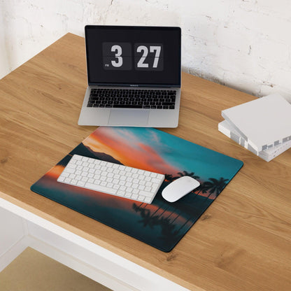 Serene Sunset Palm Trees large gaming mouse pad with orange teal sunset and silhouetted palms