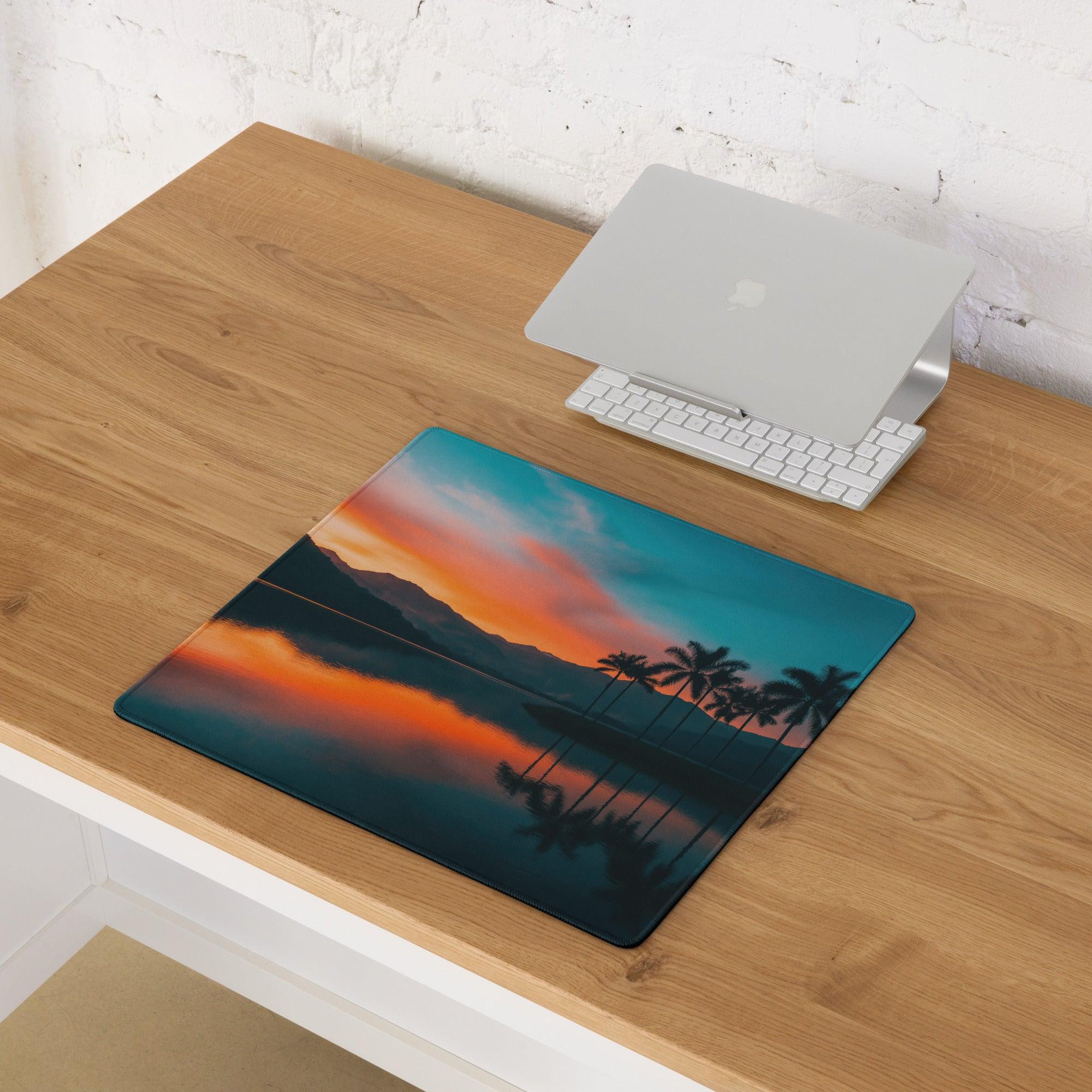 Serene Sunset Palm Trees large gaming mouse pad with vibrant sunset, palms, mountains, reflective water