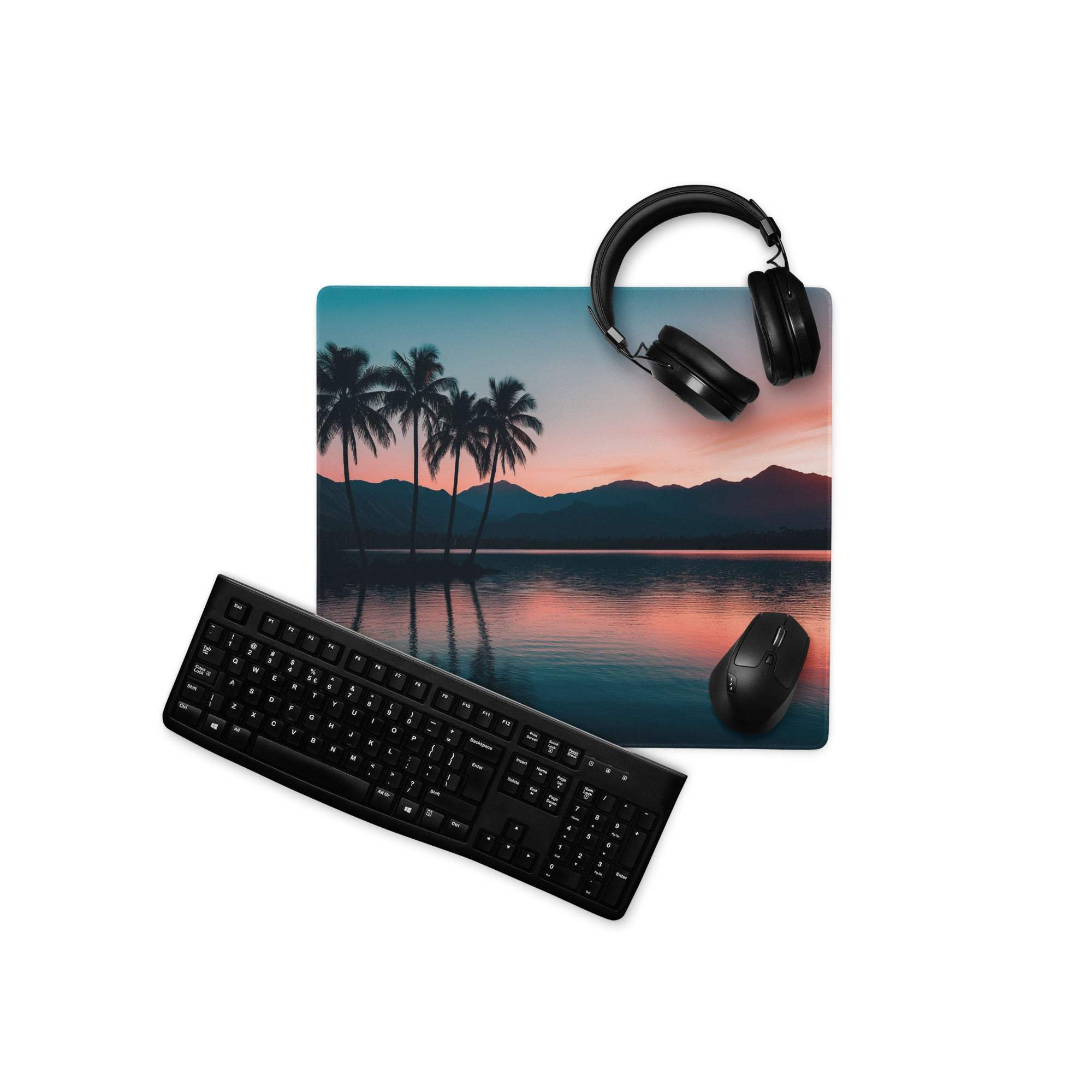Large serene sunset palm trees gaming mouse pad with non-slip base