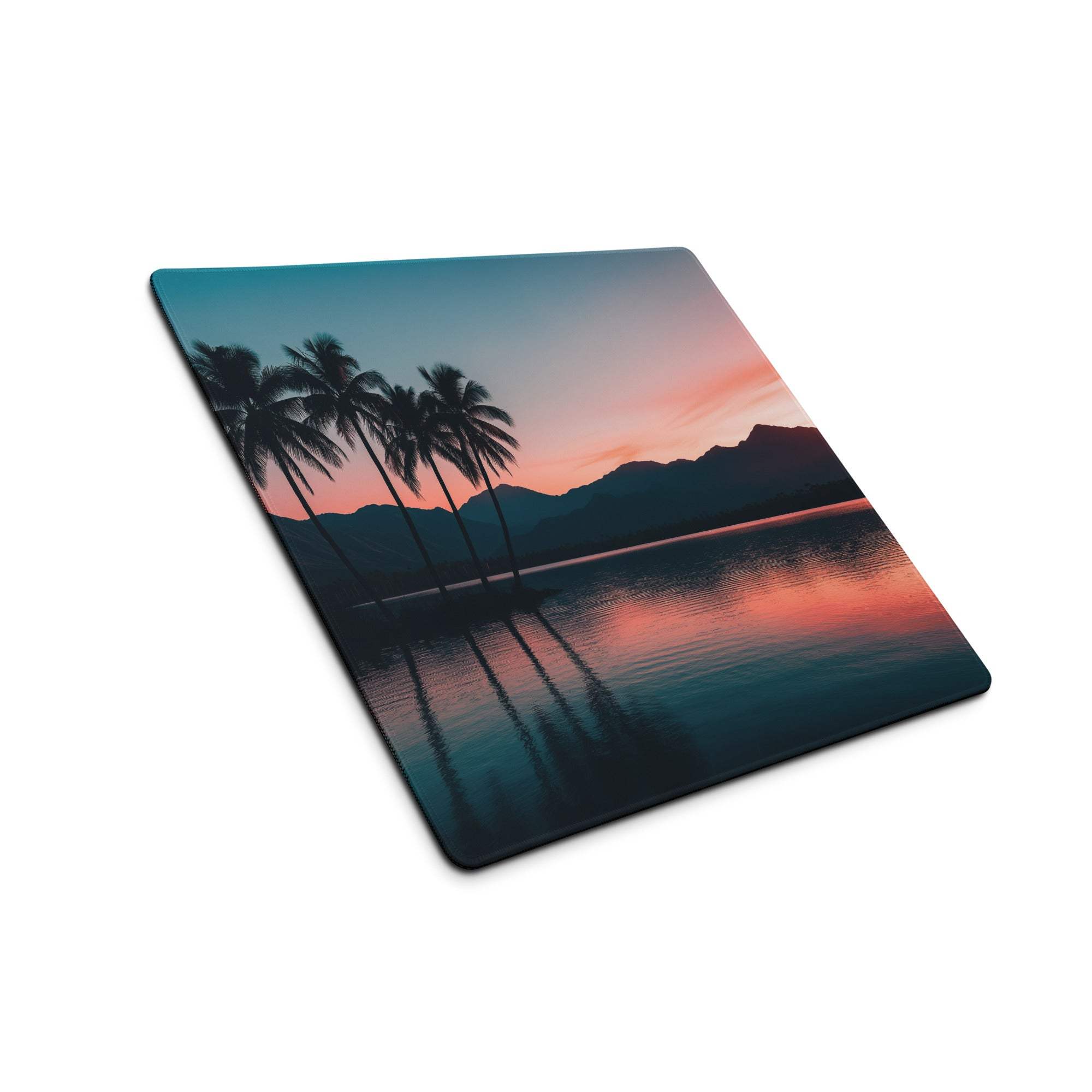 Serene sunset palm trees mouse pad with non-slip base, glossy coaster view