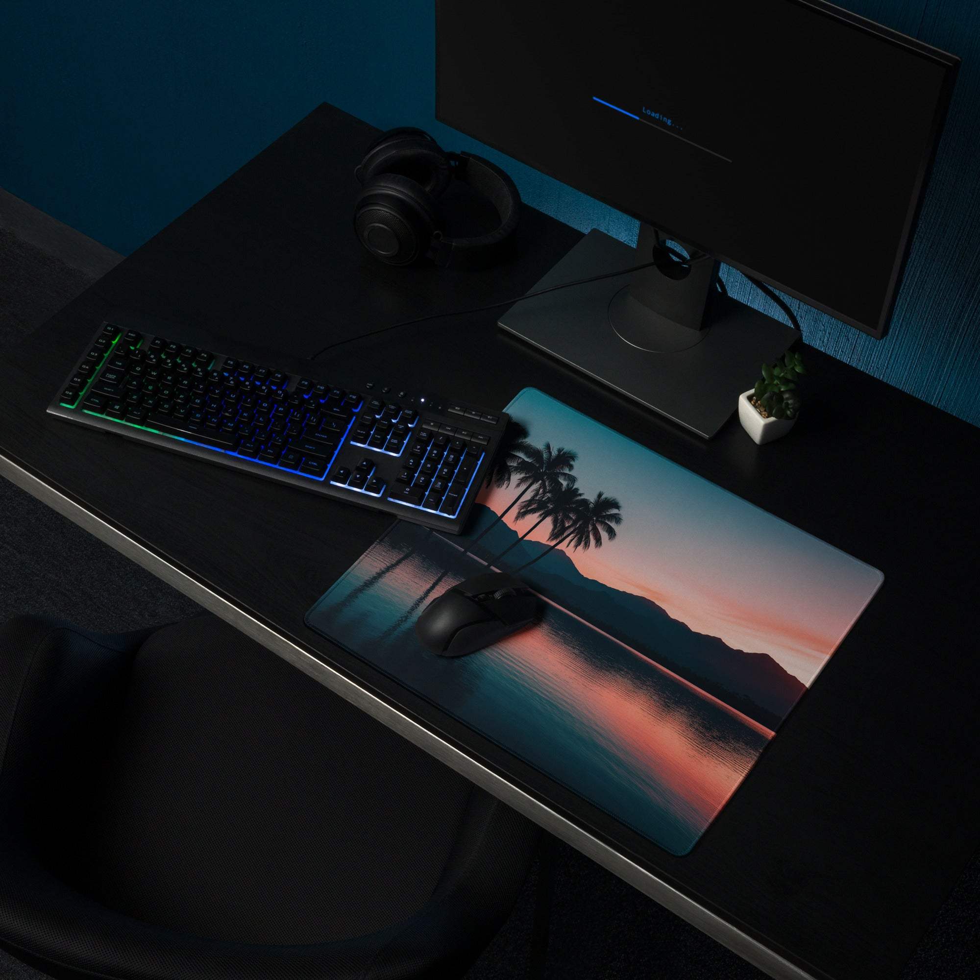 Large serene sunset palm trees gaming mouse pad with non-slip base and edge stitching
