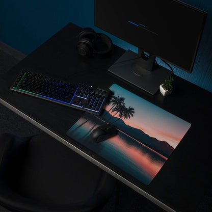 Large serene sunset palm trees gaming mouse pad with non-slip base and edge stitching