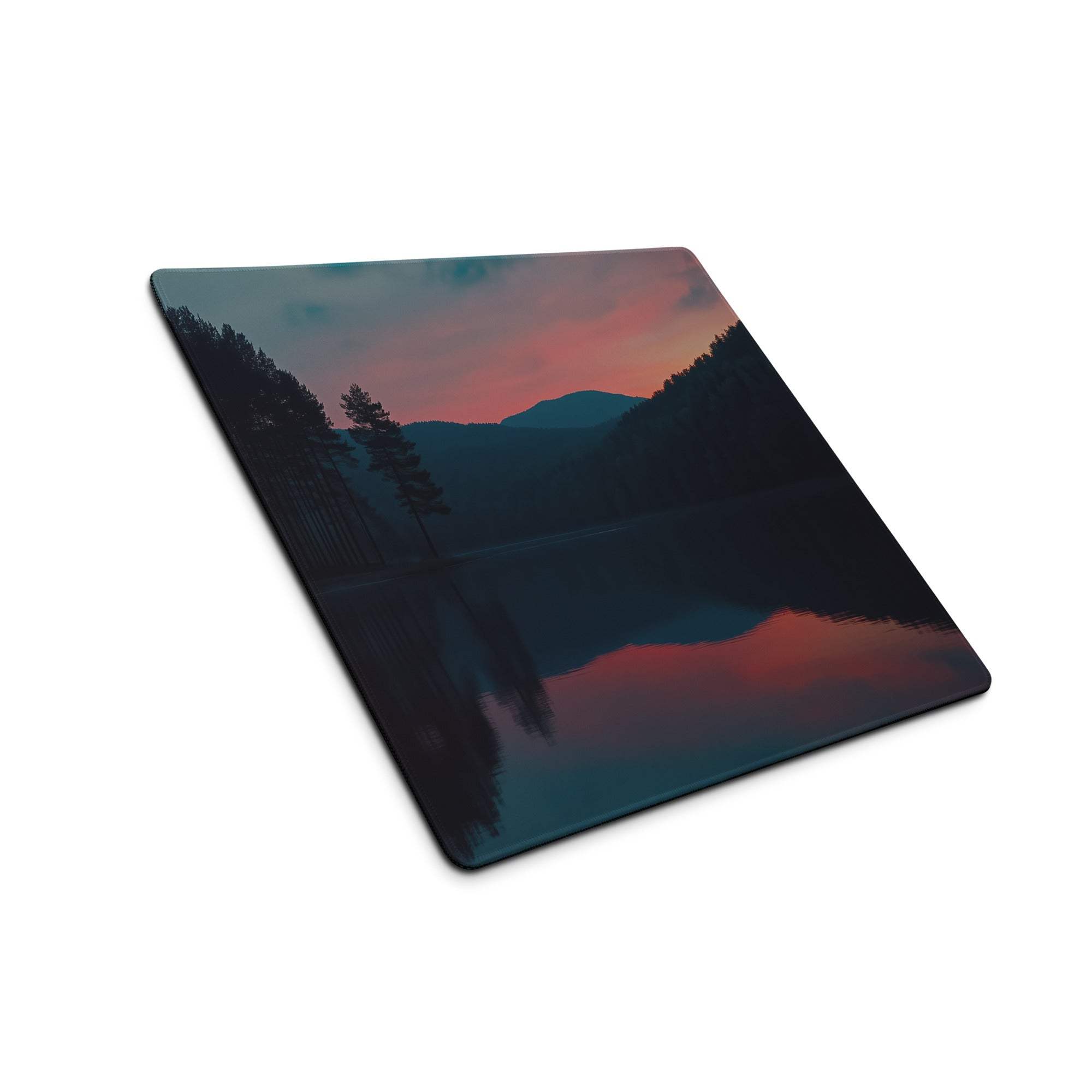 Large non-slip gaming mouse pad with serene sunset lake mountains print