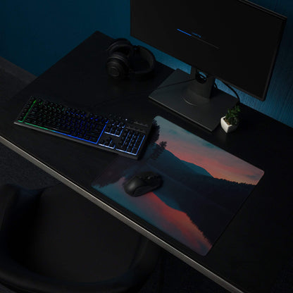 Large non-slip gaming mouse pad with sunset over mountains and lake