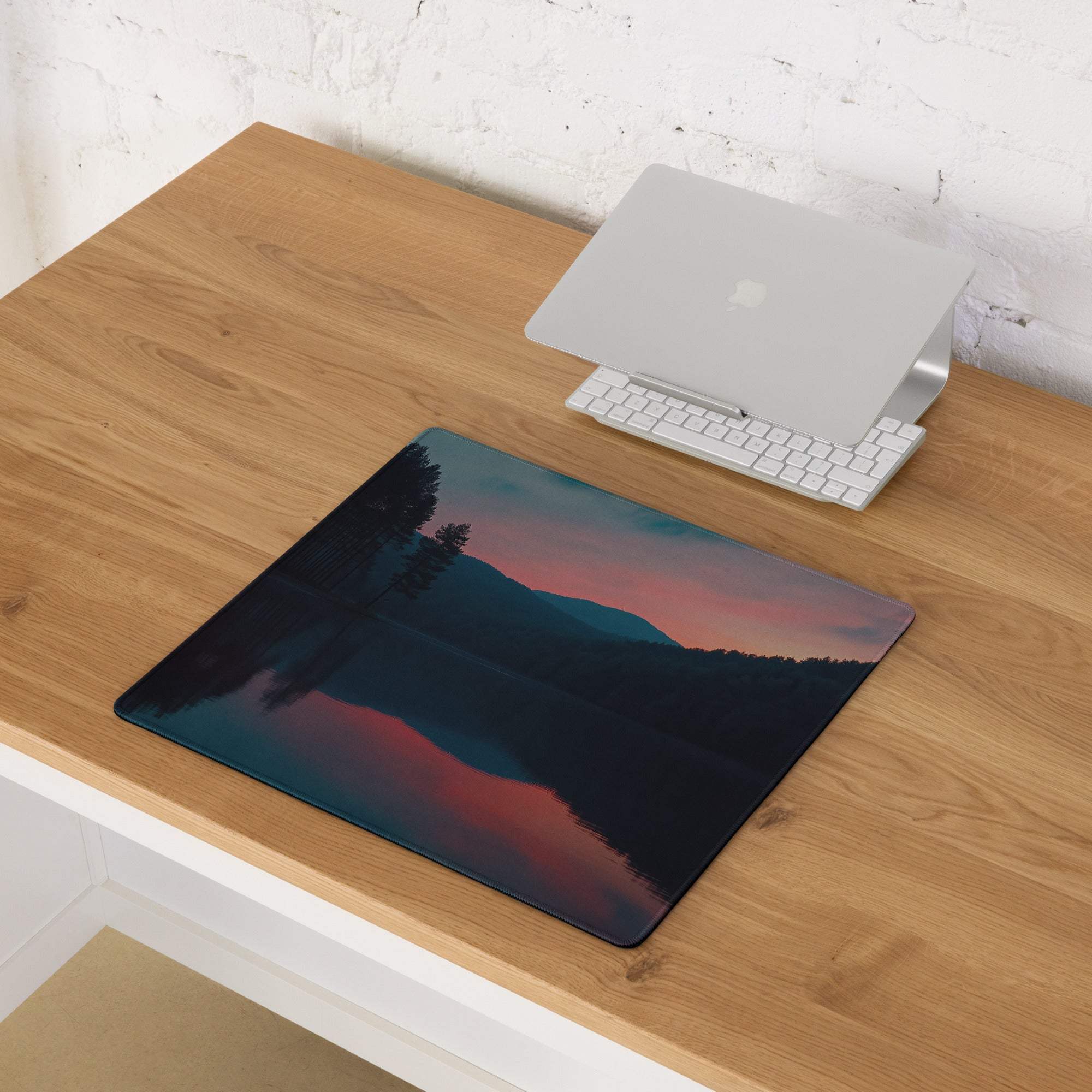 Large non-slip gaming mouse pad with serene dusk mountain lake landscape