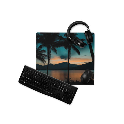 Sleek black matte keyboard on tropical sunset teal orange palm mouse pad