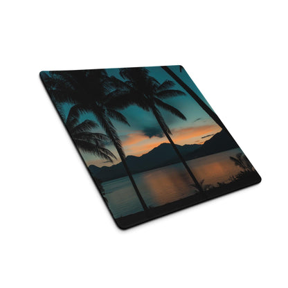Tropical sunset gaming mouse pad with teal orange palm scene