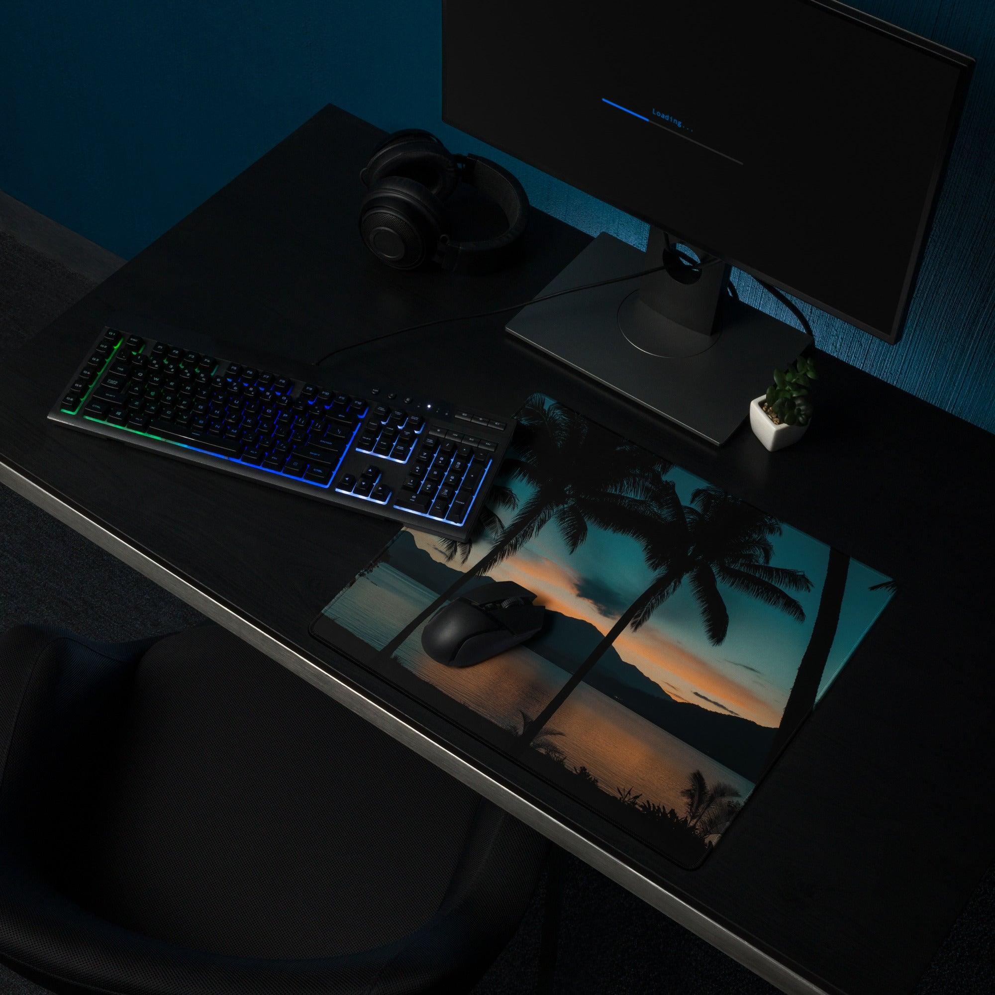 Tropical sunset gaming mouse pad with teal orange palm scene