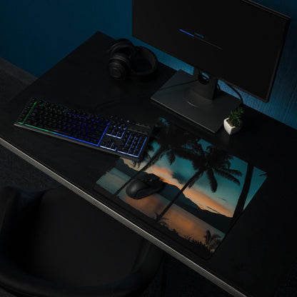 Tropical sunset gaming mouse pad with teal orange palm scene