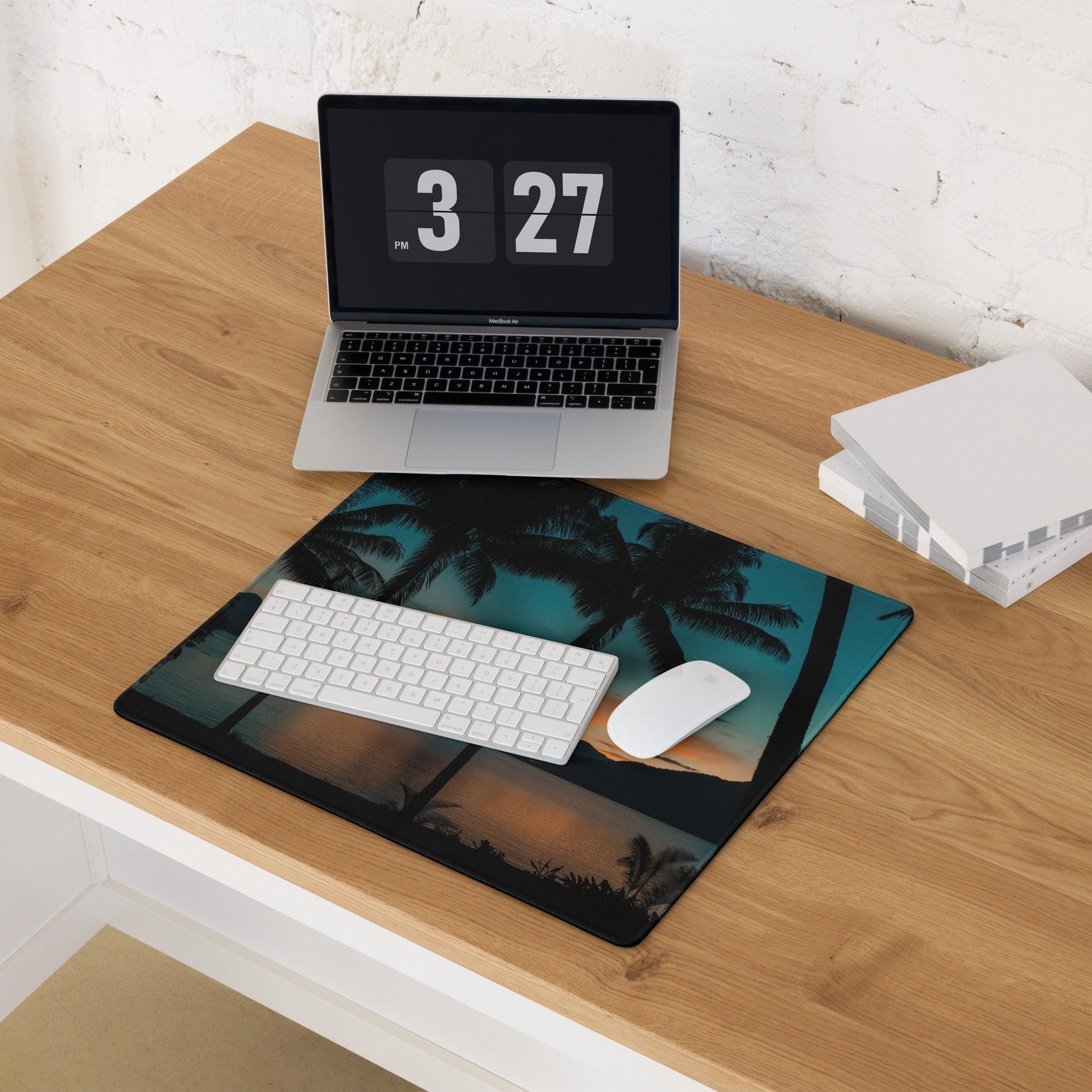 Tropical sunset gaming mouse pad with teal orange palm scene on desk