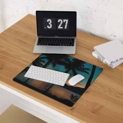 Tropical sunset gaming mouse pad with teal orange palm scene on desk