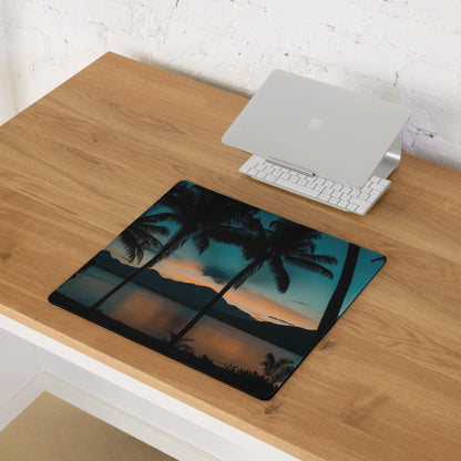 Tropical sunset gaming mouse pad with teal orange palm tree scene