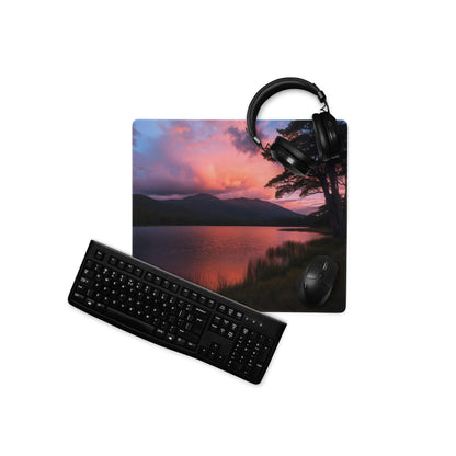 Black matte qwerty keyboard on panoramic sunset landscape gaming mousepad