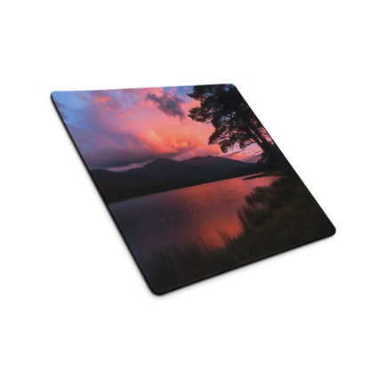 Large panoramic sunset lake mouse pad with non-slip base and stitched edges