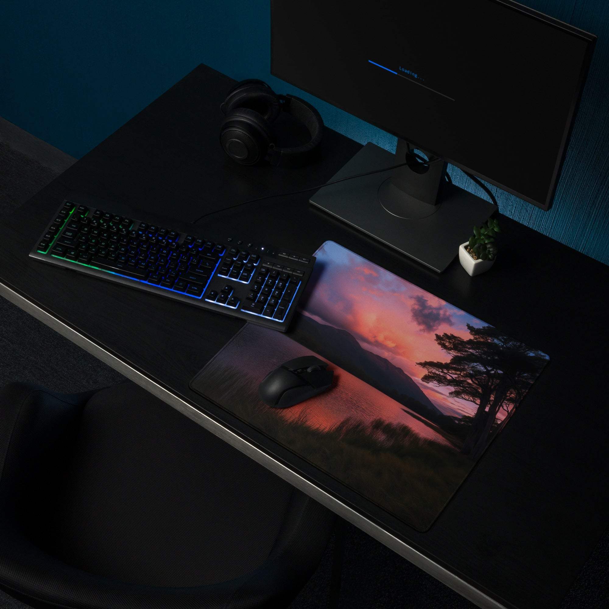 Large panoramic sunset gaming mouse pad with non-slip base