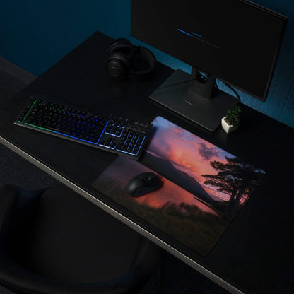 Large panoramic sunset gaming mouse pad with non-slip base