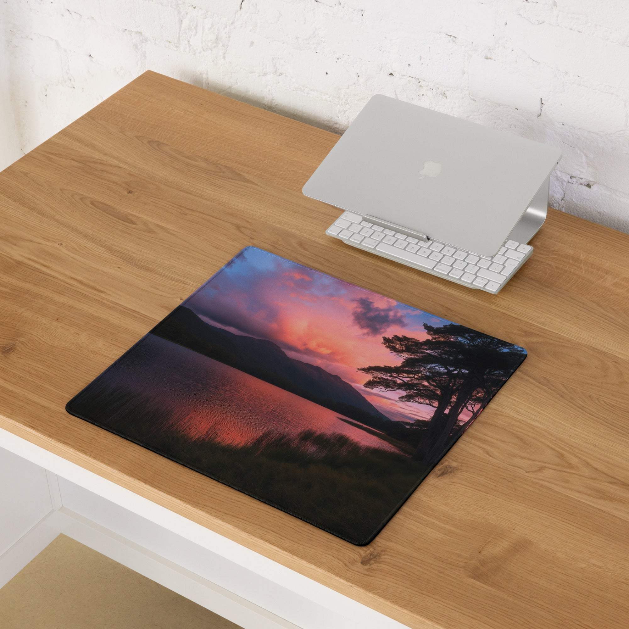 Large panoramic sunset mouse pad with silhouetted trees, non-slip base