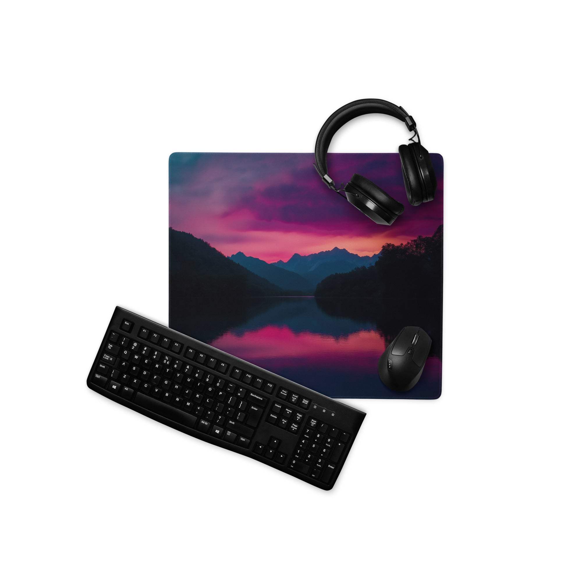 Epic sunset mountain mousepad with headphones, large non-slip rubber base